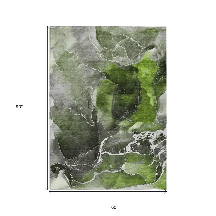 5' X 8' Green Abstract Washable Non Skid Indoor Outdoor Area Rug