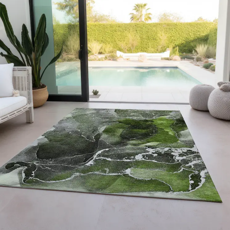 5' X 8' Green Abstract Washable Non Skid Indoor Outdoor Area Rug