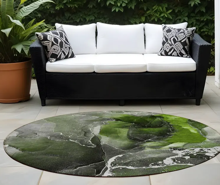 8' Round Green Round Abstract Washable Non Skid Indoor Outdoor Area Rug