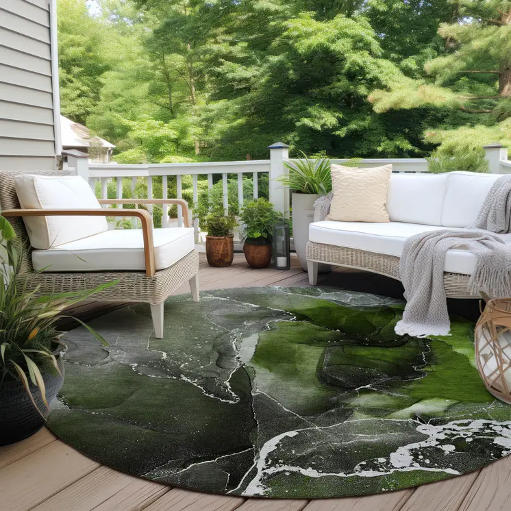 8' Round Green Round Abstract Washable Non Skid Indoor Outdoor Area Rug