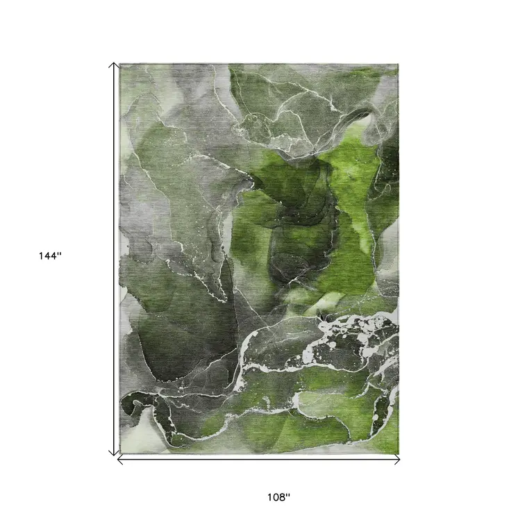 9' X 12' Green Abstract Washable Non Skid Indoor Outdoor Area Rug