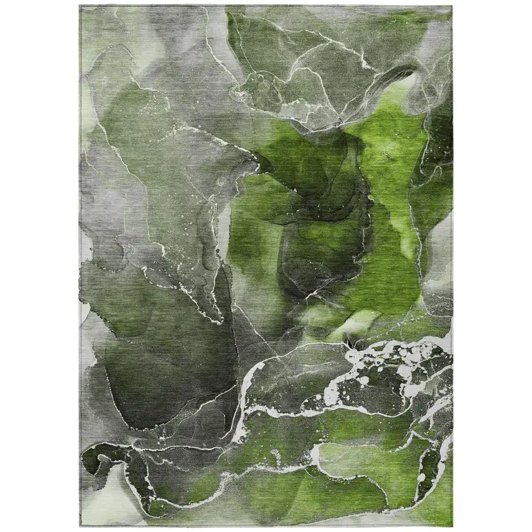 9' X 12' Green Abstract Washable Non Skid Indoor Outdoor Area Rug