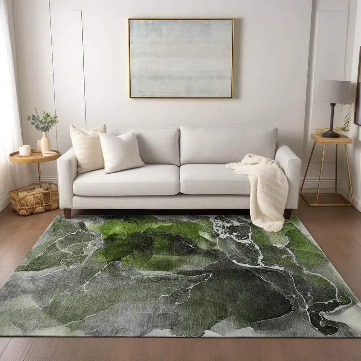 10' X 14' Green Abstract Washable Non Skid Indoor Outdoor Area Rug