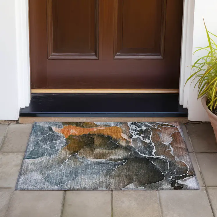2' X 3' Orange Abstract Washable Non Skid Indoor Outdoor Area Rug