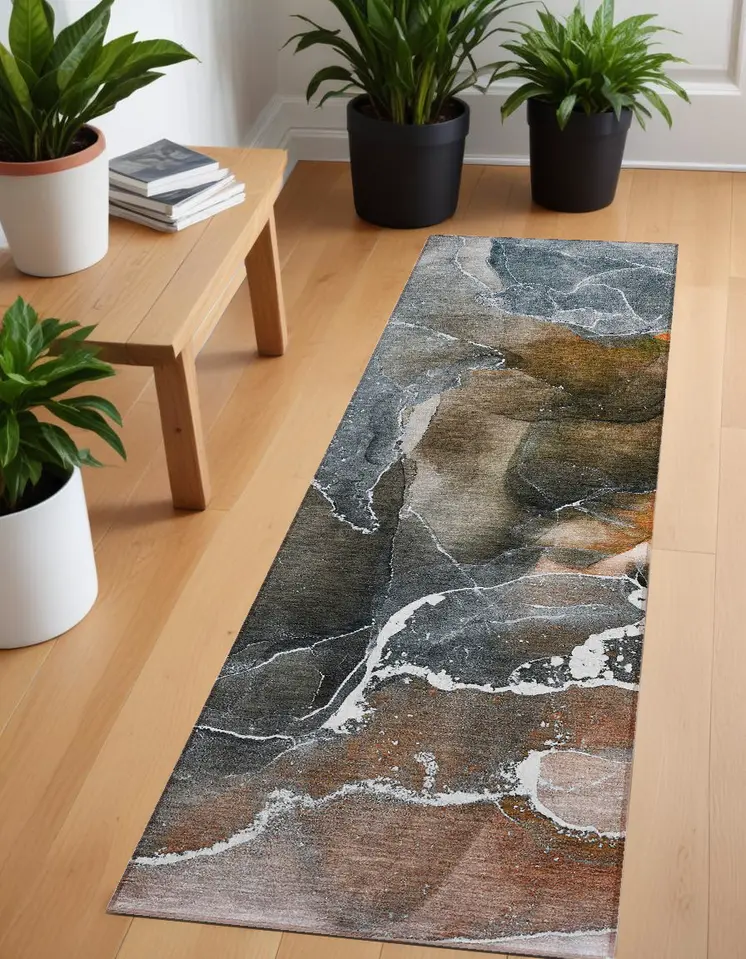 8' Runner Orange Abstract Washable Non Skid Indoor Outdoor Runner Rug