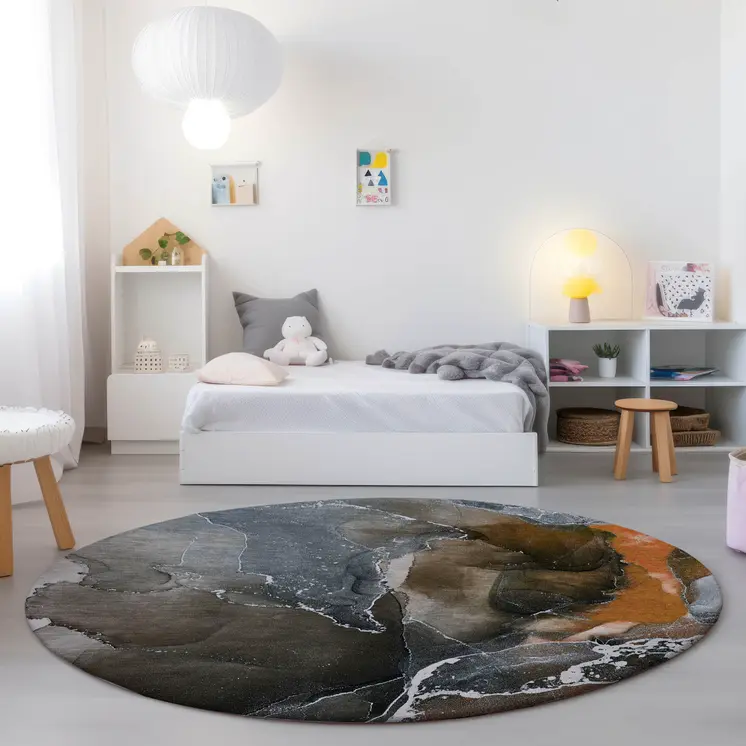 8' Round Orange Round Abstract Washable Non Skid Indoor Outdoor Area Rug