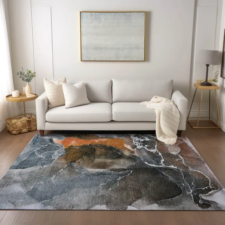 10' X 14' Orange Abstract Washable Non Skid Indoor Outdoor Area Rug