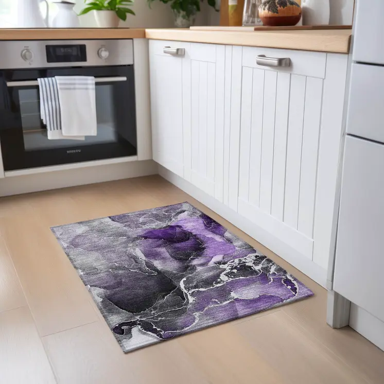 2' X 3' Gray and Purple Abstract Washable Non Skid Indoor Outdoor Area Rug