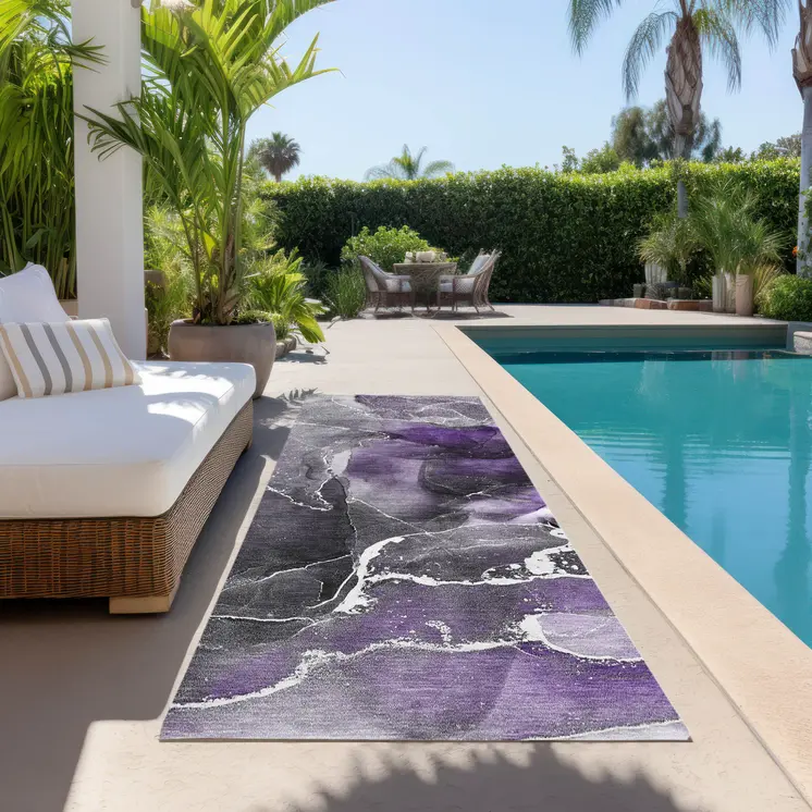 8' Runner Gray and Purple Abstract Washable Non Skid Indoor Outdoor Runner Rug