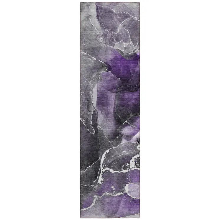 8' Runner Gray and Purple Abstract Washable Non Skid Indoor Outdoor Runner Rug