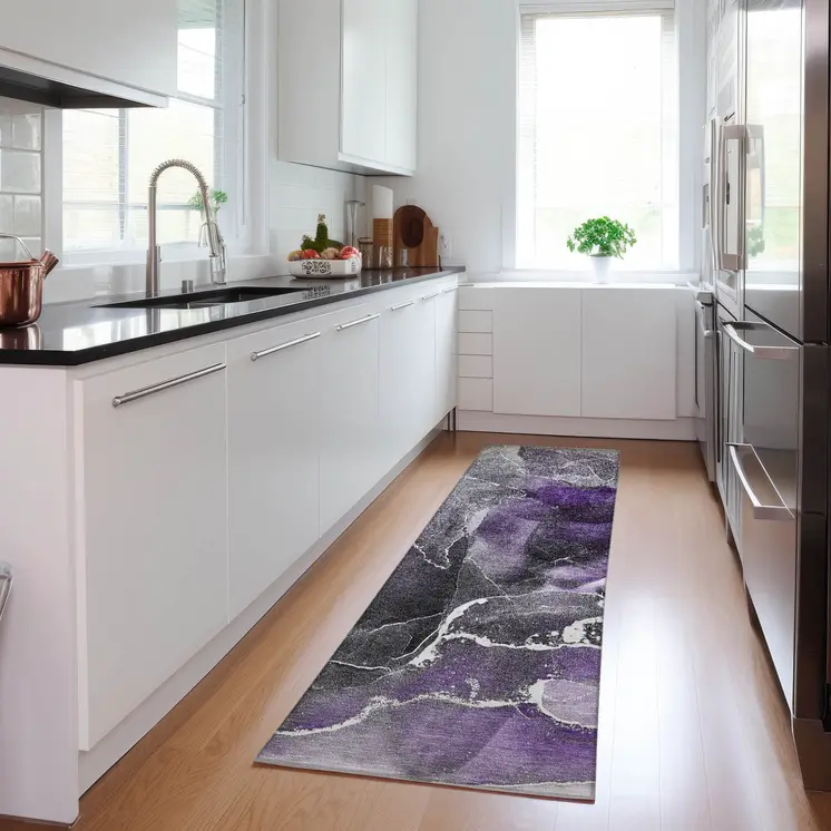 8' Runner Gray and Purple Abstract Washable Non Skid Indoor Outdoor Runner Rug