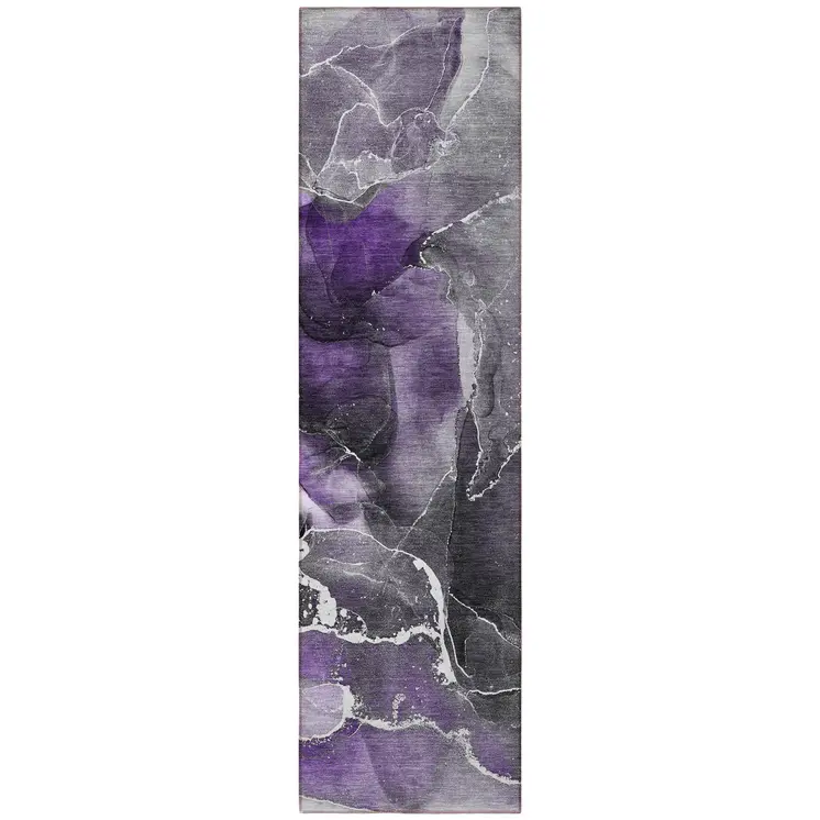 8' Runner Gray and Purple Abstract Washable Non Skid Indoor Outdoor Runner Rug