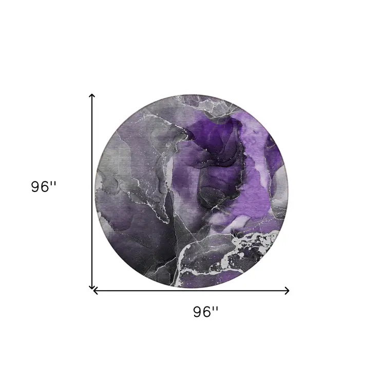 8' Round Gray and Purple Round Abstract Washable Non Skid Indoor Outdoor Area Rug