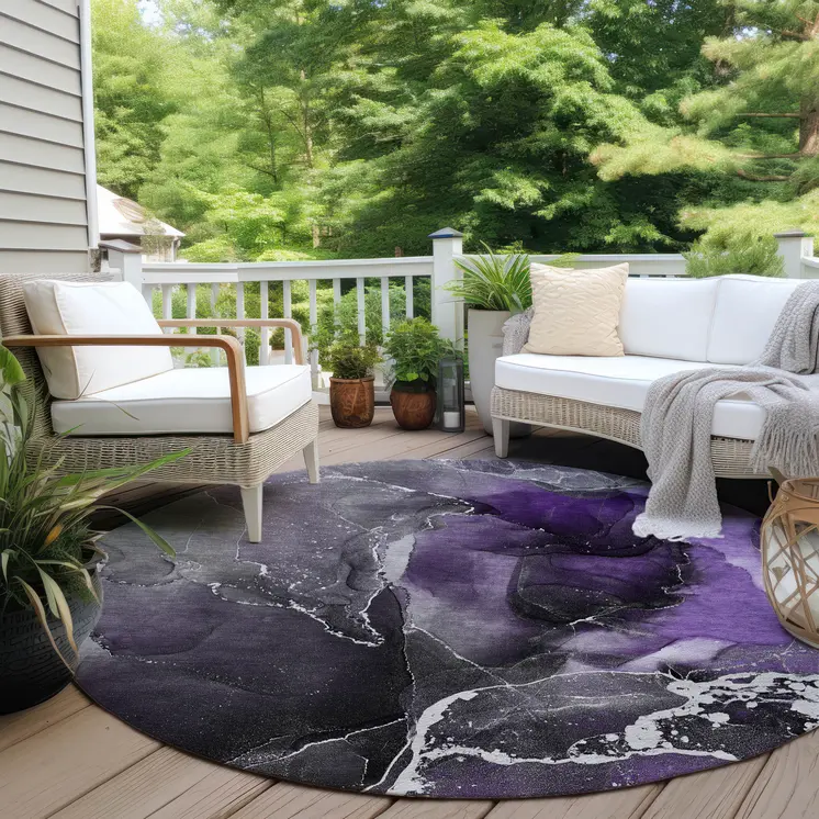 8' Round Gray and Purple Round Abstract Washable Non Skid Indoor Outdoor Area Rug