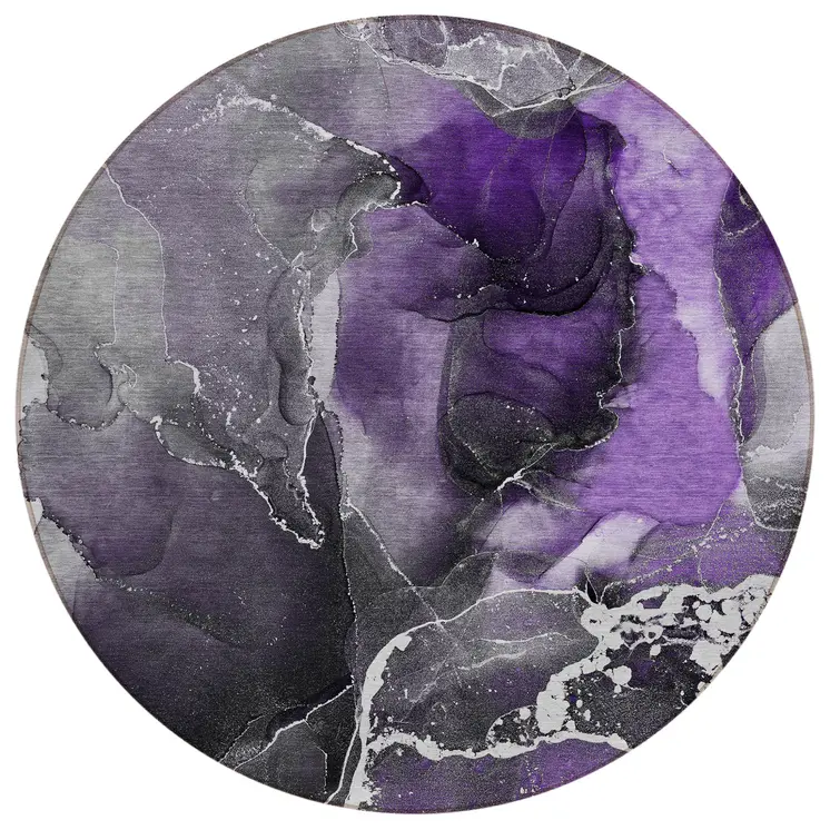 8' Round Gray and Purple Round Abstract Washable Non Skid Indoor Outdoor Area Rug