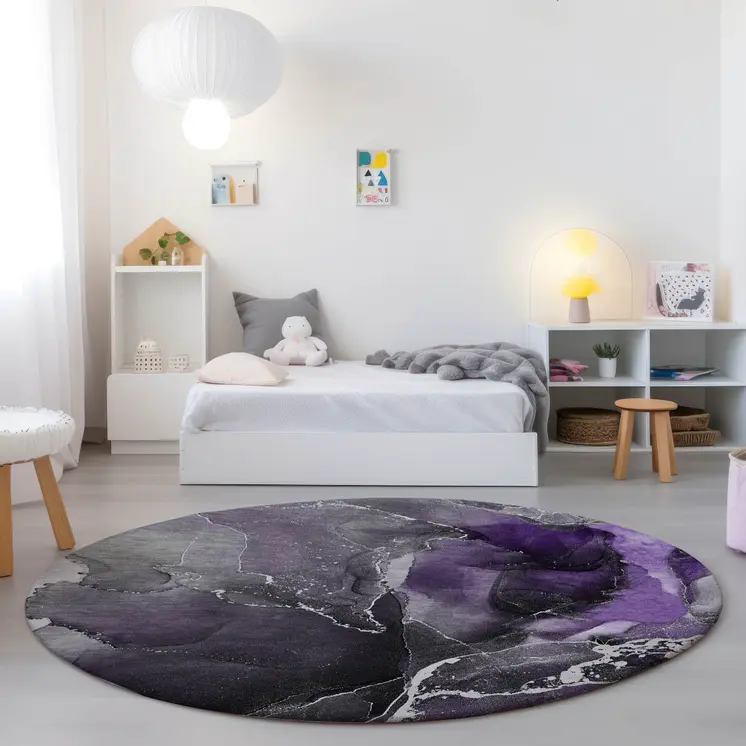 8' Round Gray and Purple Round Abstract Washable Non Skid Indoor Outdoor Area Rug