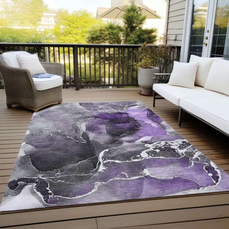9' X 12' Gray and Purple Abstract Washable Non Skid Indoor Outdoor Area Rug