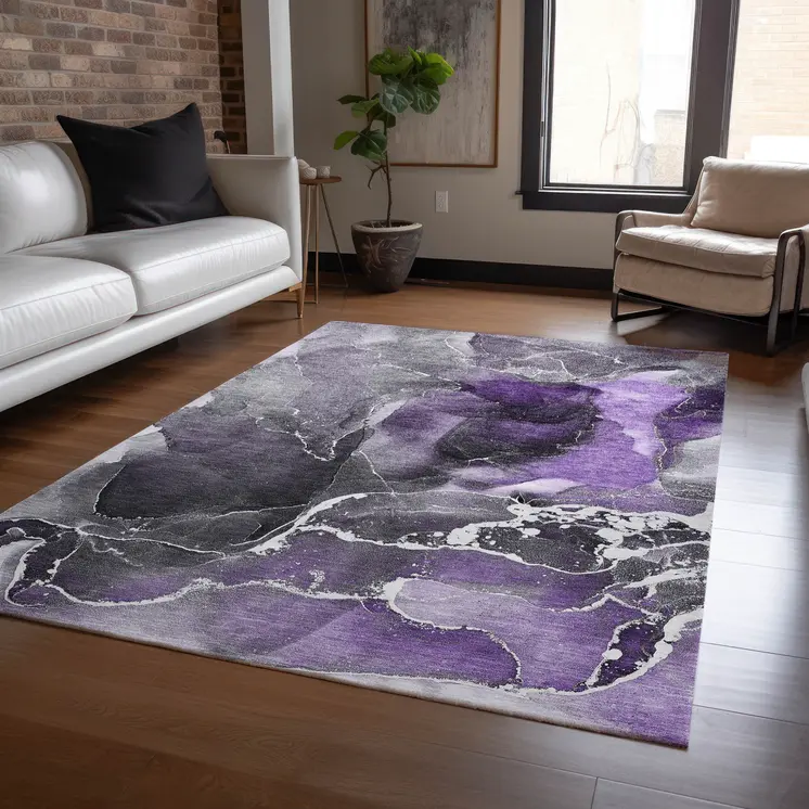 9' X 12' Gray and Purple Abstract Washable Non Skid Indoor Outdoor Area Rug