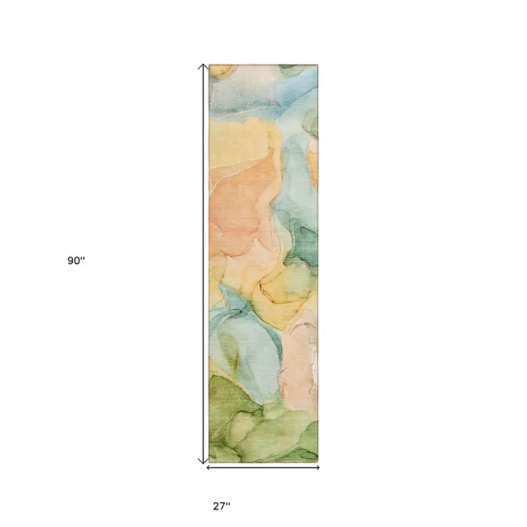 8' Runner Blue Abstract Washable Non Skid Indoor Outdoor Runner Rug
