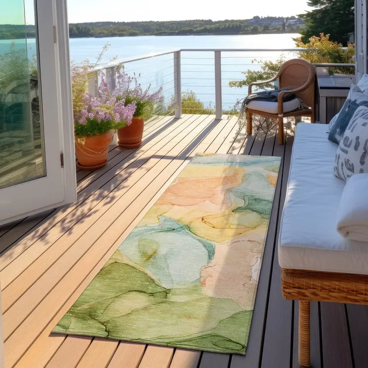 8' Runner Blue Abstract Washable Non Skid Indoor Outdoor Runner Rug