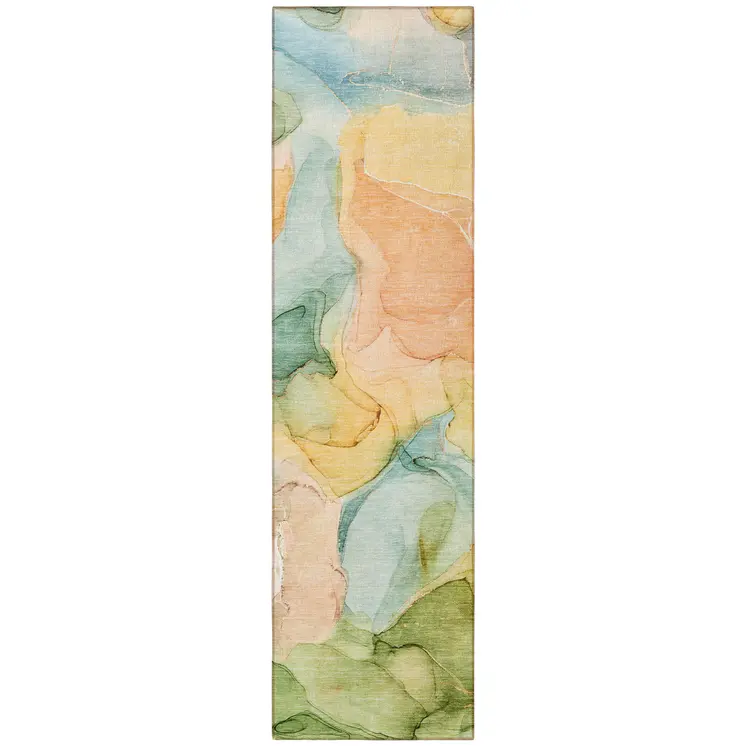 8' Runner Blue Abstract Washable Non Skid Indoor Outdoor Runner Rug