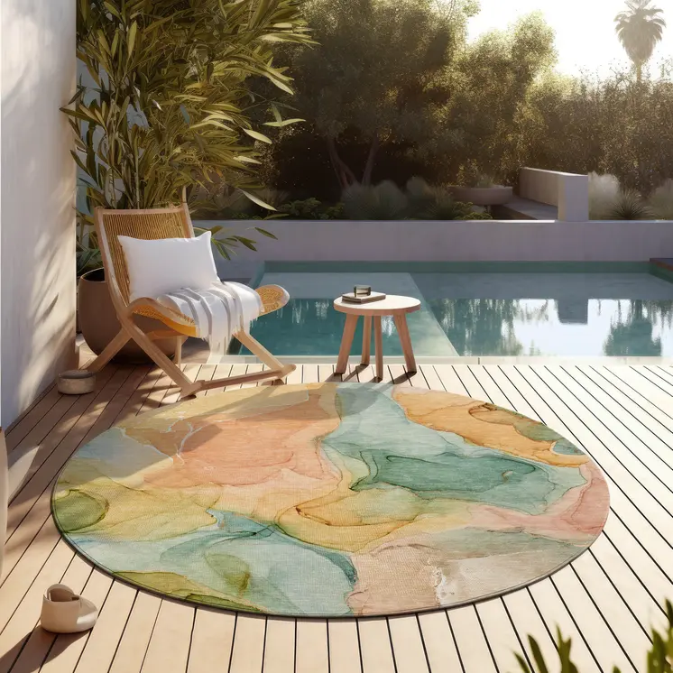 8' Round Blue Round Abstract Washable Non Skid Indoor Outdoor Area Rug