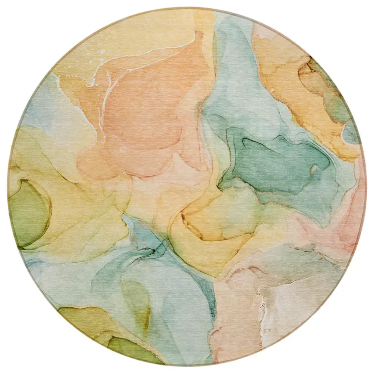 8' Round Blue Round Abstract Washable Non Skid Indoor Outdoor Area Rug