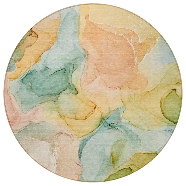 8' Round Blue Round Abstract Washable Non Skid Indoor Outdoor Area Rug