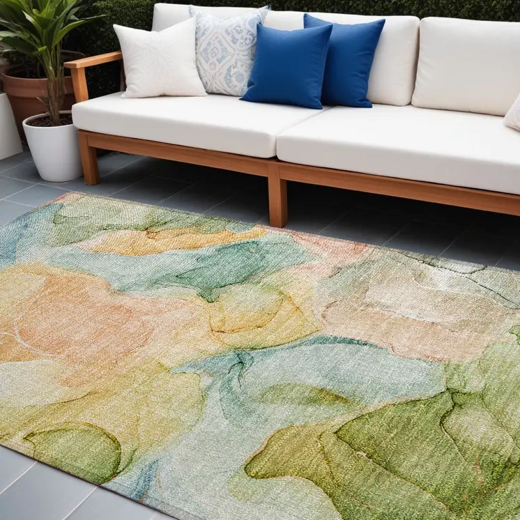 9' X 12' Blue Abstract Washable Non Skid Indoor Outdoor Area Rug