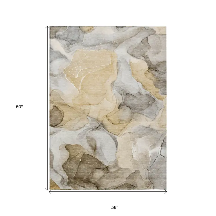 3' X 5' Brown Abstract Washable Non Skid Indoor Outdoor Area Rug