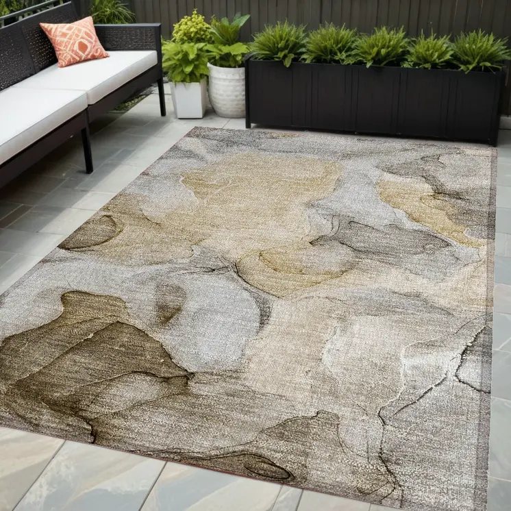 5' X 8' Brown Abstract Washable Non Skid Indoor Outdoor Area Rug