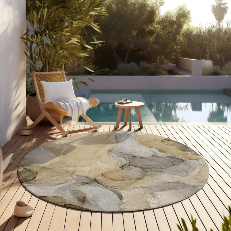 8' Round Brown Round Abstract Washable Non Skid Indoor Outdoor Area Rug