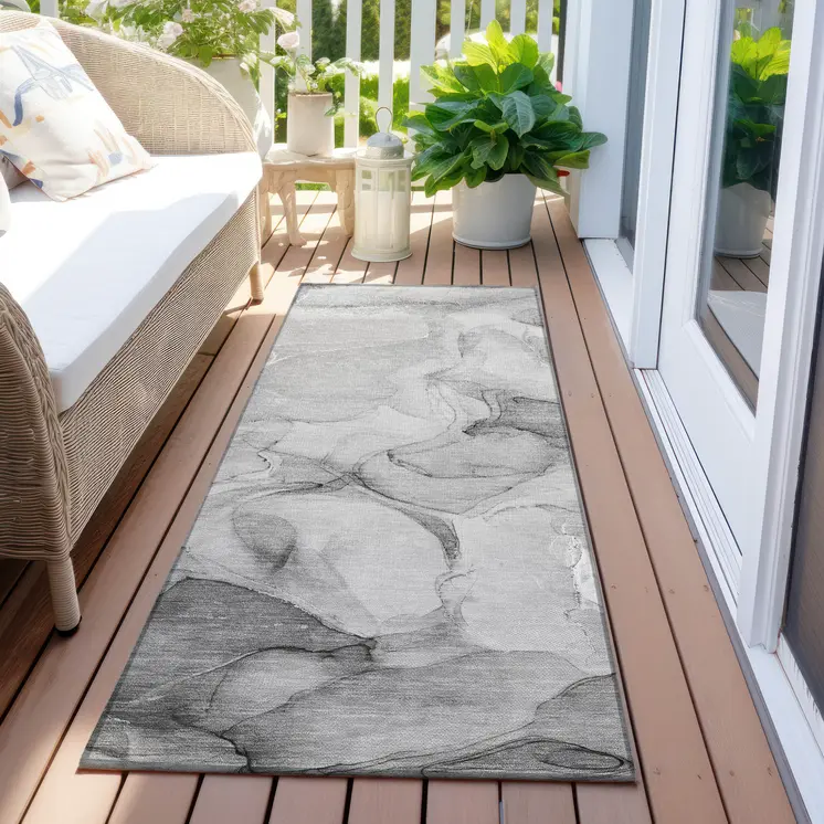 8' Runner Gray Abstract Washable Non Skid Indoor Outdoor Runner Rug