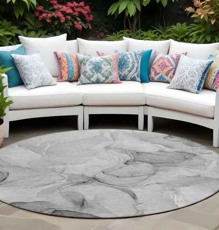 8' Round Gray Round Abstract Washable Non Skid Indoor Outdoor Area Rug
