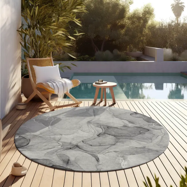 8' Round Gray Round Abstract Washable Non Skid Indoor Outdoor Area Rug