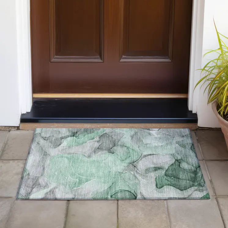 2' X 3' Green Abstract Washable Non Skid Indoor Outdoor Area Rug