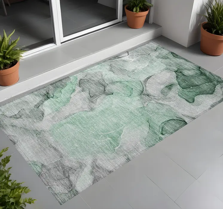 2' X 3' Green Abstract Washable Non Skid Indoor Outdoor Area Rug
