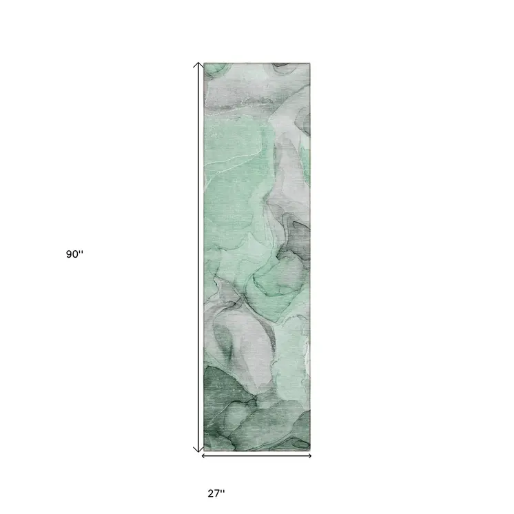 8' Runner Green Abstract Washable Non Skid Indoor Outdoor Runner Rug