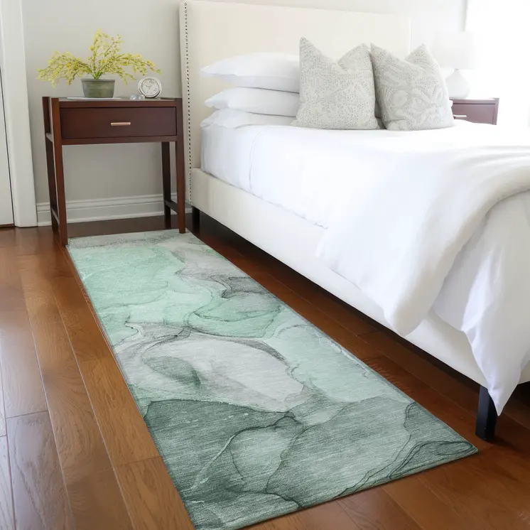 8' Runner Green Abstract Washable Non Skid Indoor Outdoor Runner Rug
