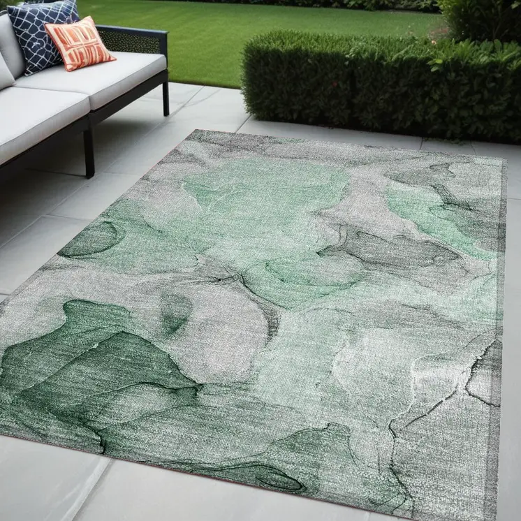 5' X 8' Green Abstract Washable Non Skid Indoor Outdoor Area Rug