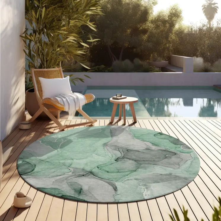 8' Round Green Round Abstract Washable Non Skid Indoor Outdoor Area Rug