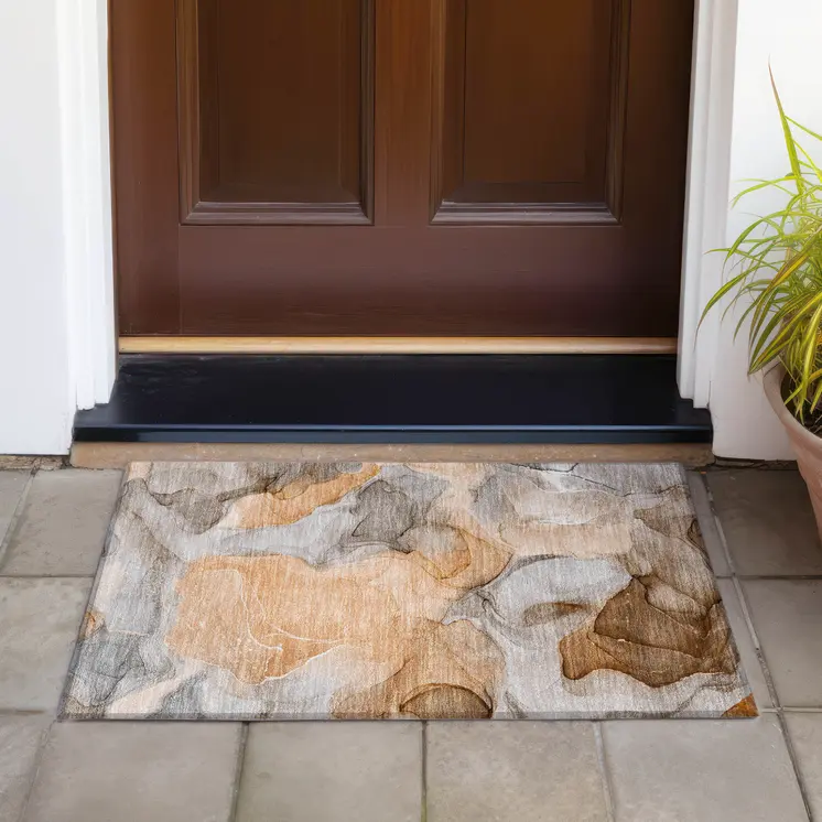 2' X 3' Orange Abstract Washable Non Skid Indoor Outdoor Area Rug