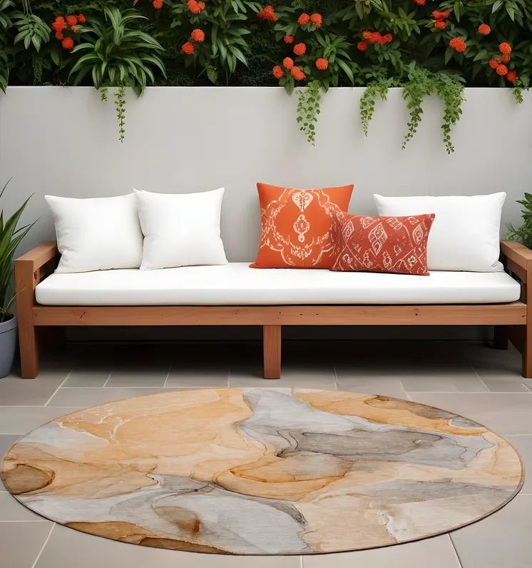 8' Round Orange Round Abstract Washable Non Skid Indoor Outdoor Area Rug