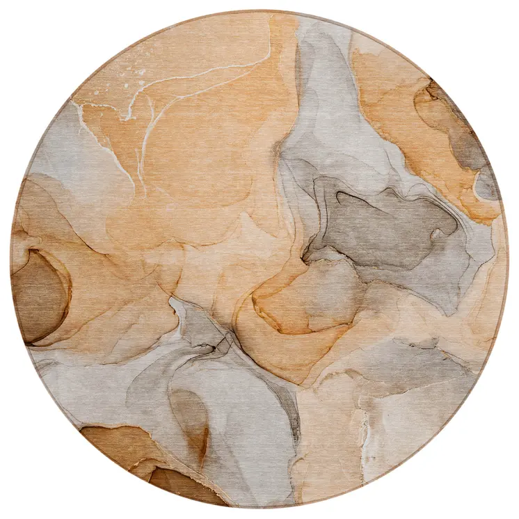 8' Round Orange Round Abstract Washable Non Skid Indoor Outdoor Area Rug