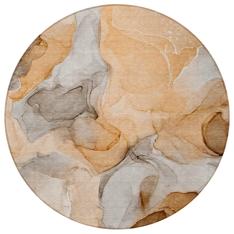 8' Round Orange Round Abstract Washable Non Skid Indoor Outdoor Area Rug