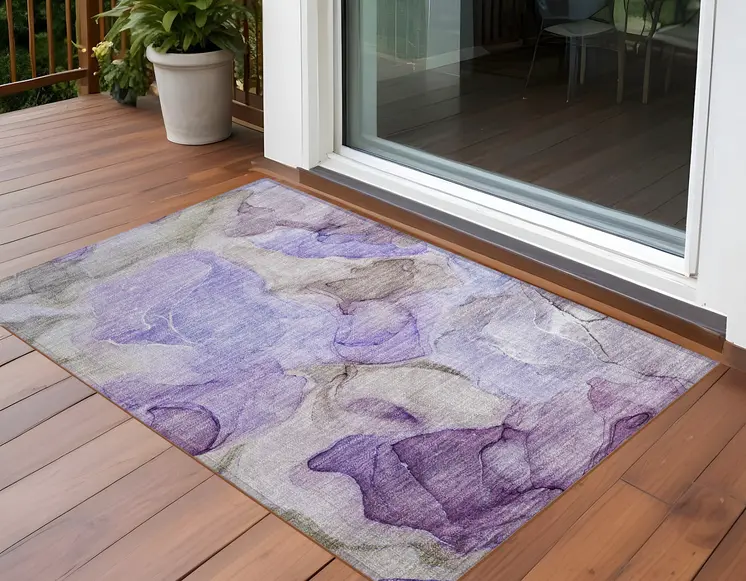 2' X 3' Gray and Purple Abstract Washable Non Skid Indoor Outdoor Area Rug