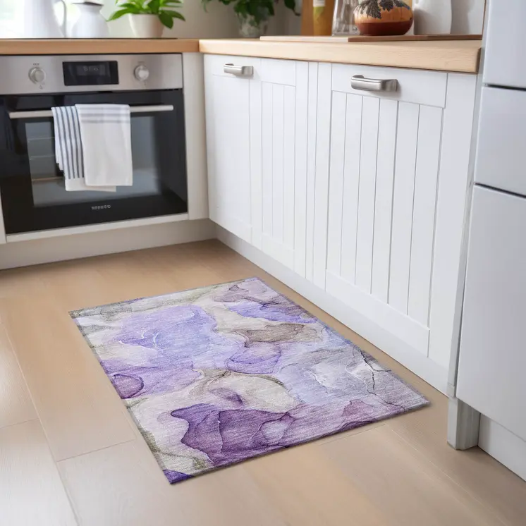 2' X 3' Gray and Purple Abstract Washable Non Skid Indoor Outdoor Area Rug