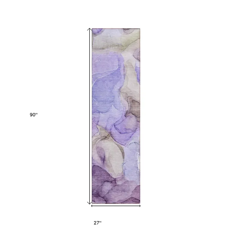 8' Runner Gray and Purple Abstract Washable Non Skid Indoor Outdoor Runner Rug