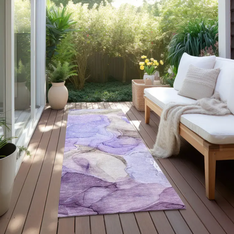 8' Runner Gray and Purple Abstract Washable Non Skid Indoor Outdoor Runner Rug
