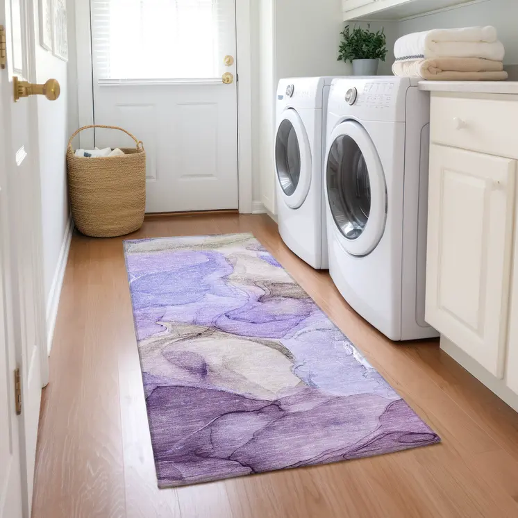 8' Runner Gray and Purple Abstract Washable Non Skid Indoor Outdoor Runner Rug